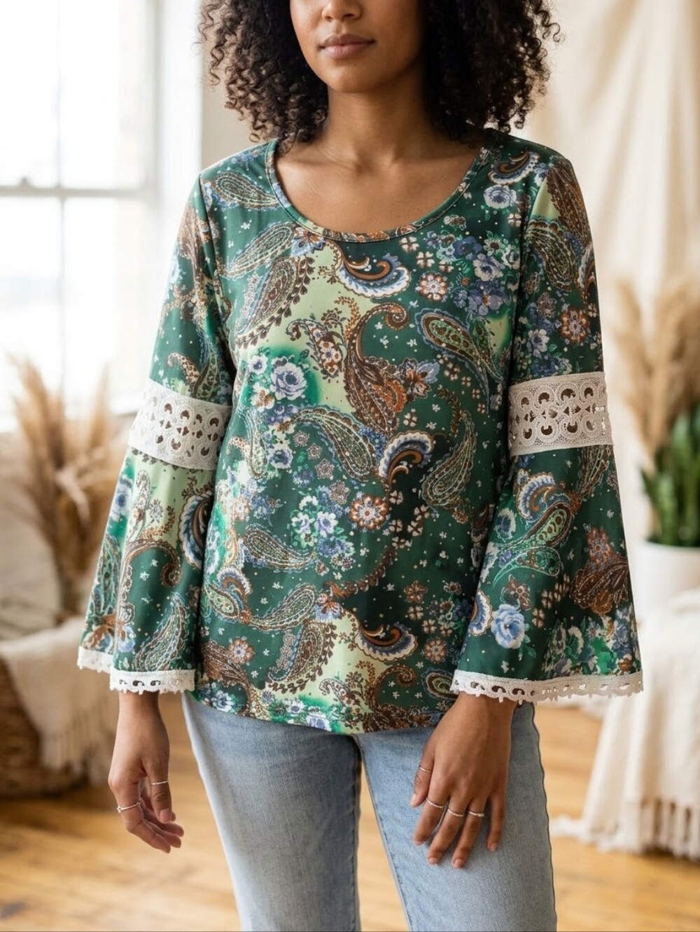 Stem & Vine Women's Green Paisley Floral Bell Sleeve Blouse Top Large